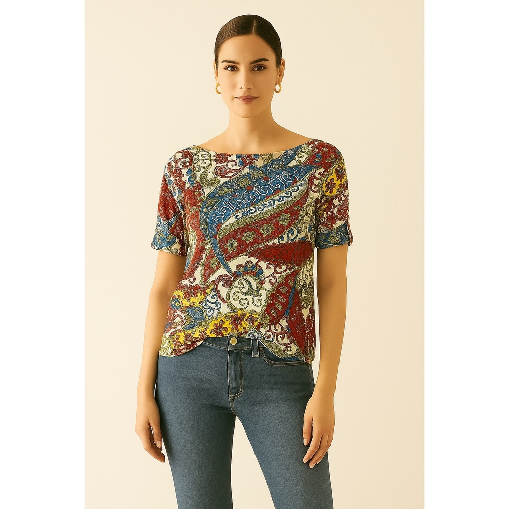 Talbots Paisley Roll-up Button Cuff Top Sz Large Petite‎ Colorful Boho T-shirt